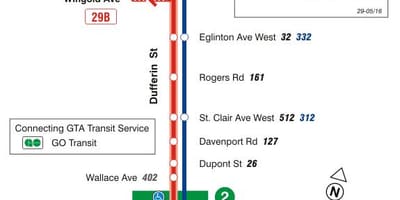 Kort af TTC 29 Dufferin strætó leið Toronto