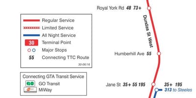 Kort af TTC 30 Lambton strætó leið Toronto