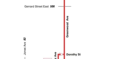 Kort af TTC 31 Greenwood strætó leið Toronto