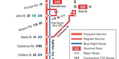 Kort af TTC 32 Eglinton West strætó leið Toronto