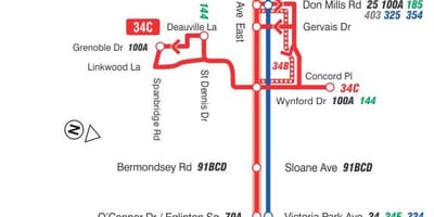 Kort af TTC 34 Eglinton Austur strætó leið Toronto