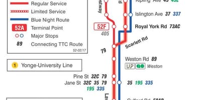 Kort af TTC 52 Lawrence West strætó leið Toronto
