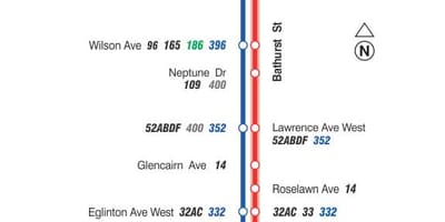 Kort af TTC 7 Bathurst strætó leið Toronto