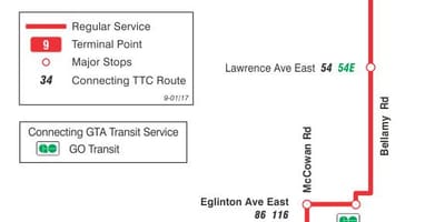 Kort af TTC 9 Bellamy strætó leið Toronto
